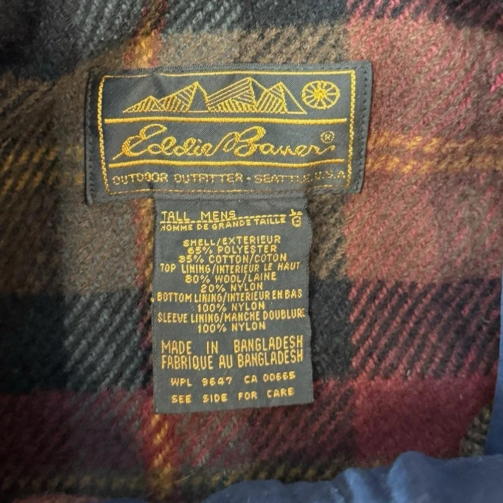 Vintage Eddie Bauer Mountain Parka Jacket L Tall Blue Zip Hooded Wool Lined Y2K